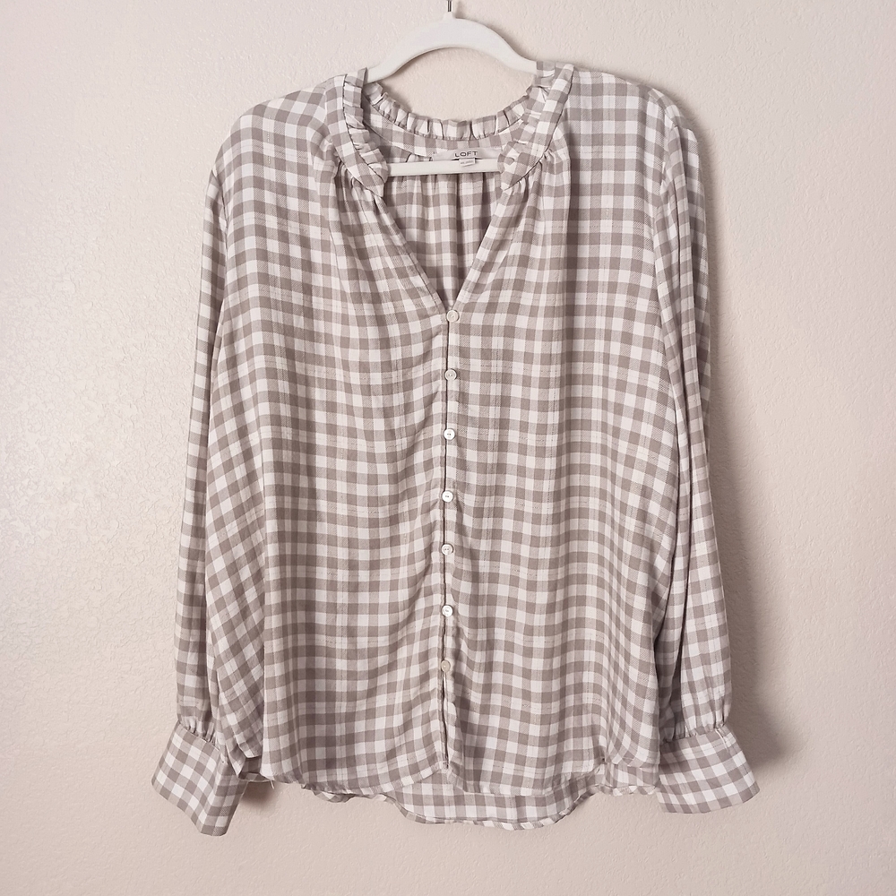 LOFT XXL Shimmer Plaid V Neck Blouse Checkered Button Up Top Tan Gray